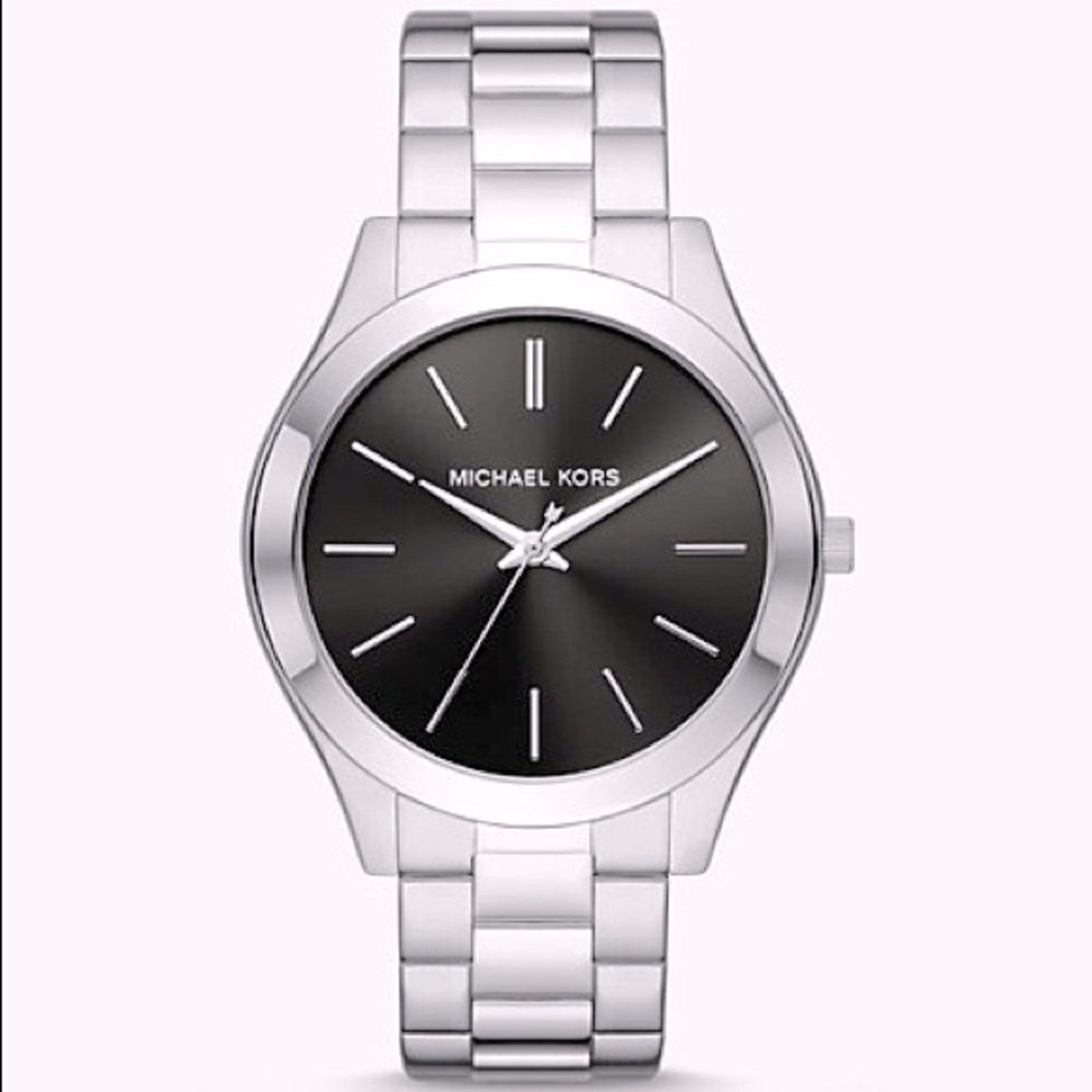 Brand new Michael Kors Runway Silver bracelet, black dial.